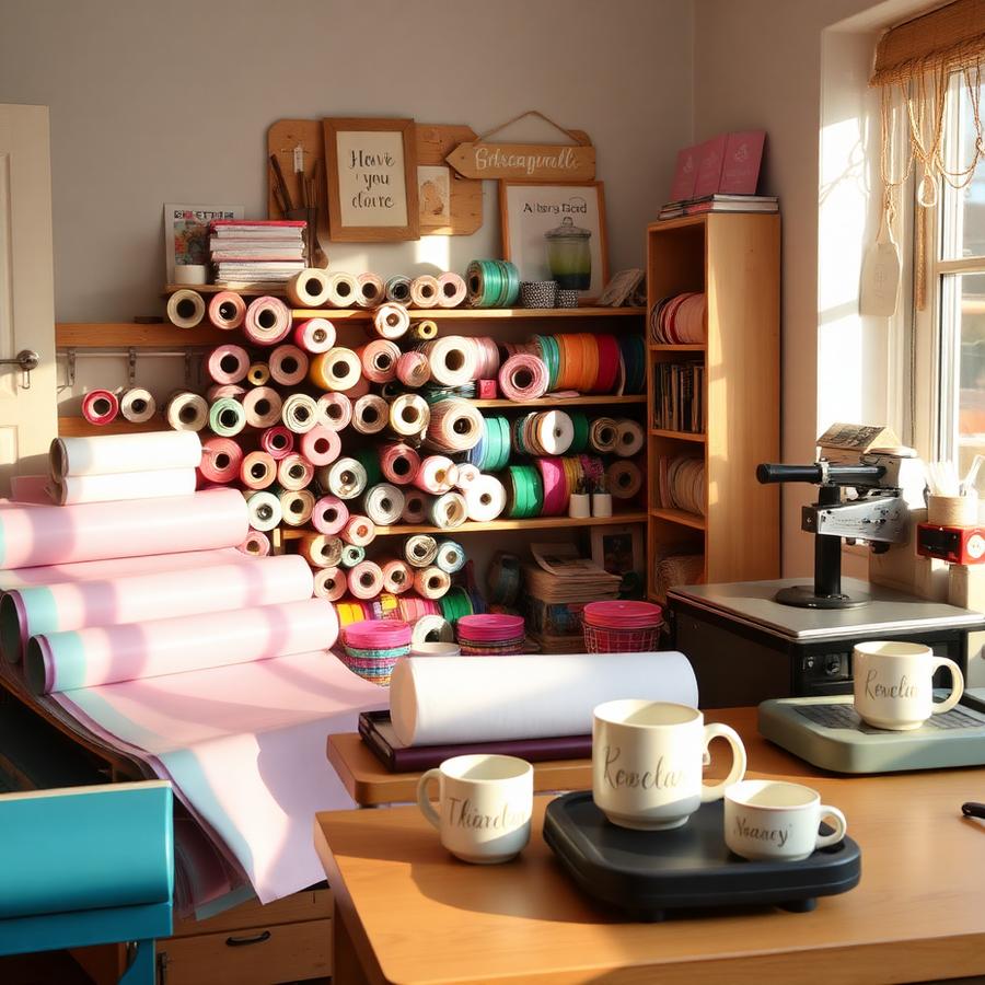 Craft workspace with ribbons, vinyl and mugs in progress