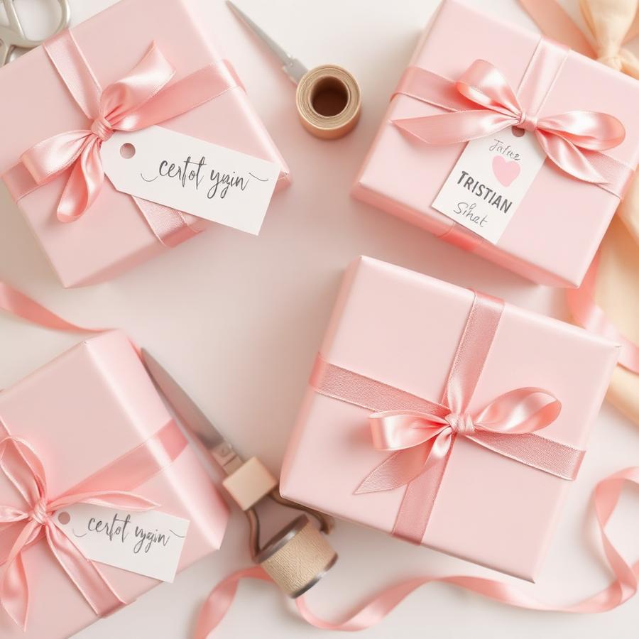 Gift packaging with satin bows and named labels