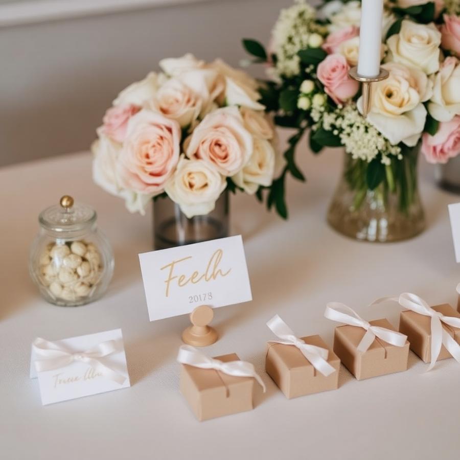 Wedding table with personalised place cards and favour boxes